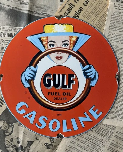VINTAGE 1948 GULF GASOLINE FUEL OIL DEALER 12 INCH PORCELAIN ENAMEL SIGN