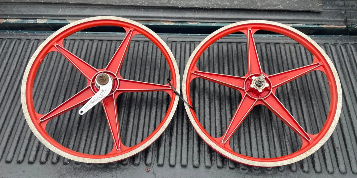 VINTAGE Lester Mag BMX Front Rear Wheel Red 5 Spoke Bendix 76
