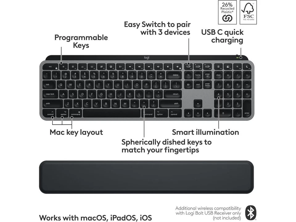 Logitech MX Keys S Combo for Mac, Wireless Keyboard and Mouse with Palm Rest, - Image 2 of 4
