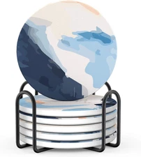 Coasters Set of 6 Absorbent Drink Coasters with Holder, Watercolor Marble Sandst