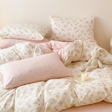 Floral Duvet Cover Set Queen Size,Pink White Floral Pattern Reversible Beddin...
