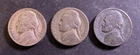 (1943-P, 1943-P, 1944-P) - 3 Silver War Nickel Lot - 35% Silver War Nickels