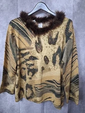 Y2K Liquid Knit Top Women XL Silk Fur Collar Sequin Beaded Metallic Holiday VTG