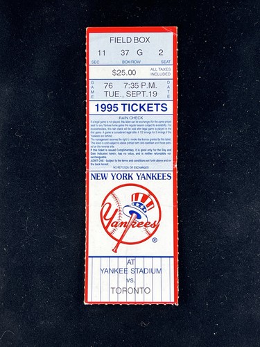 19.09.1995 Blue Jays @ Yankees Ticket - J Carter HR #327 / Andy Pettitte Win #11