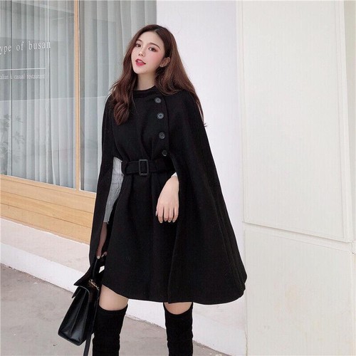 Ladies Loose Batwing Sleeves Poncho Outwear Belt Slim Cloak Cape Coat Wool Blend - Picture 3 of 11