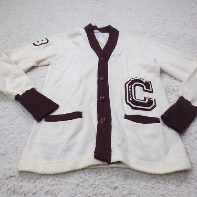 VINTAGE Letterman Sweater Women 36 Beige Cheerleader Cardigan True