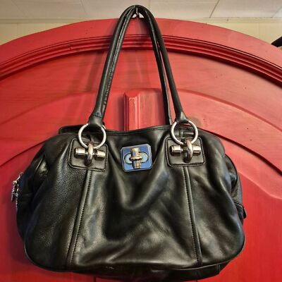 B. Maskowski GORGEOUS Supple Black Leather Satchel Purse Silver Gold Accents EUC