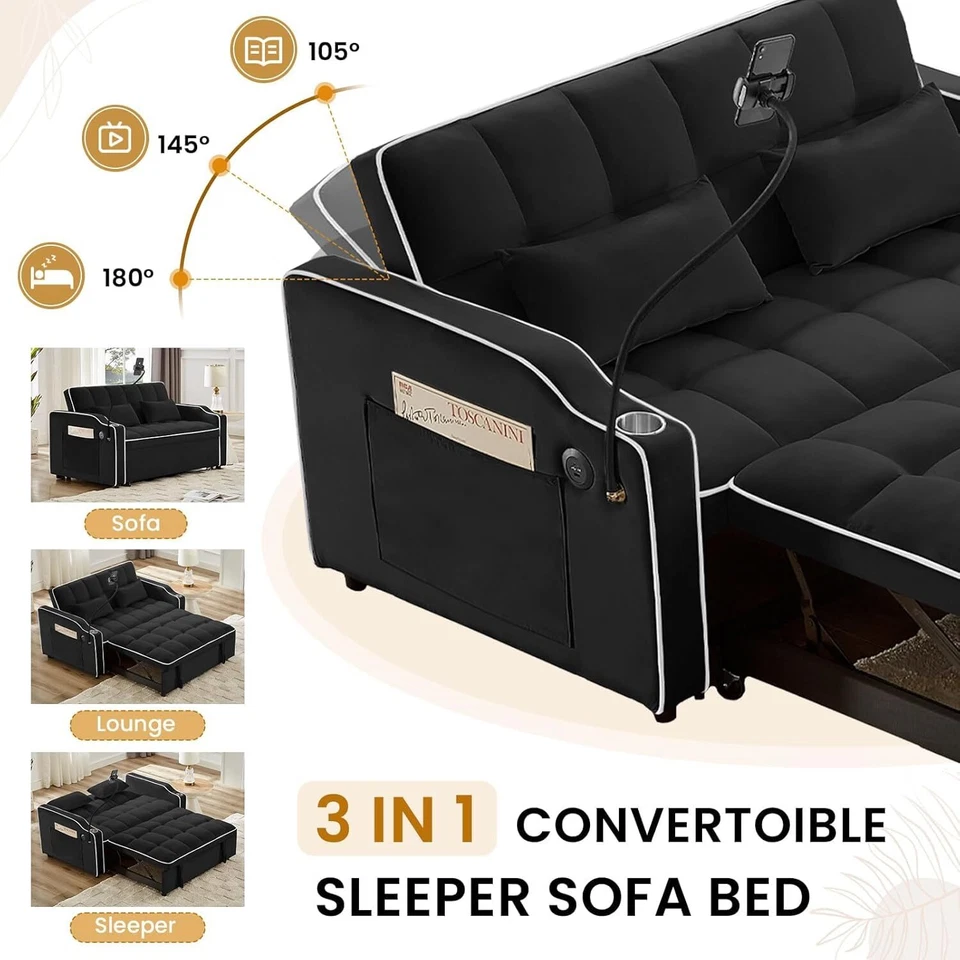 3 in 1 Convertible Pull-Out Sofa Bed Sleeper Couch With USB Ports & Phone Stand - Image 3 of 4