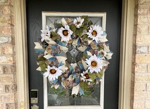 XL HÜBSCHER weißer Sonnenblumen Herbst Blumen Deko Netz Kranz Erntedank Wohndeko - Bild 4 von 6