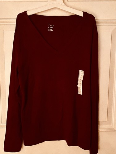 Camisetas para mujer Un nuevo día talla grande borgoña manga larga cuello en V ajustadas - Imagen 1 de 4