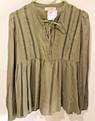 Womens Fashion On Earth Boho L/S Peasant Blouse Sz. S Olive Green - Picture 1 of 8