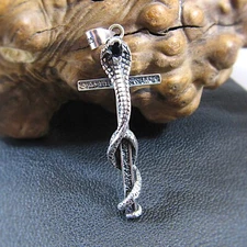 Solid 925 Sterling Silver Cobra Cross Pendant - Gothic Snake & Skull Jewelry