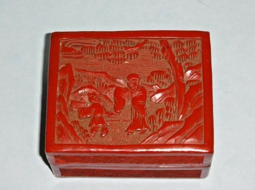 Antica custodia e coperchio scatola cinabar lacca rossa intagliata cinese - Cina - Foto 2 di 12