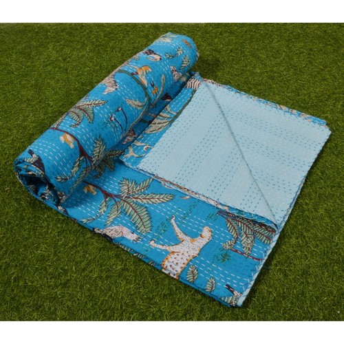 Indian jungle animal 100% Cotton sky Kantha Quilted Bedspread Throw Blanket - Picture 3 of 5
