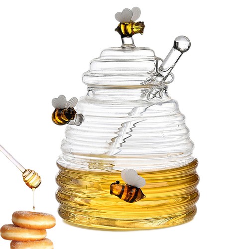 Honey Jar Glass Honey Dispenser Glass Honey Jar With Dipper Lid Kitchen - Picture 9 of 11