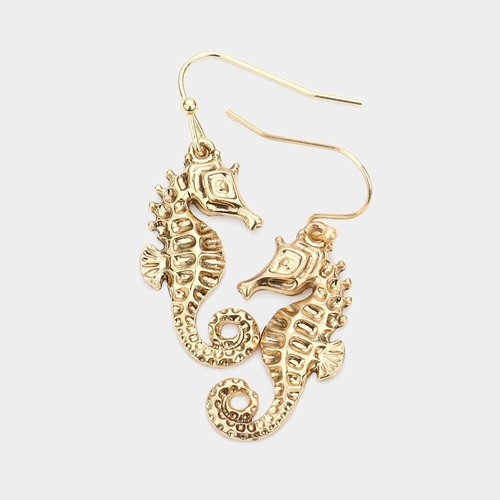 Seahorse Earrings Metal 1.25"L Sea Horse Ocean Sand Beach Jewelry 7146 AG GOLD