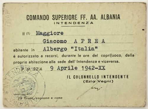 ALBANIA COMANDO SUPERIORE FF.AA. INTENDENZA TESSERA 1942 A.XX° REGIO ESERCITO