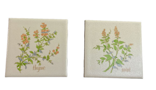 Vintage USA Ceramic Tile Set of 4 Herbs Mint, Marjoram, Thyme & Rosemary 4.25" - Picture 3 of 4