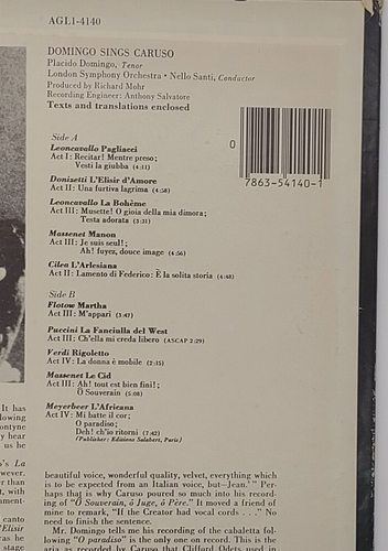 Domingo sings Caruso (LSO, Nello Santi) RCA Gold Seal AGL1-4140 nm - Picture 3 of 6