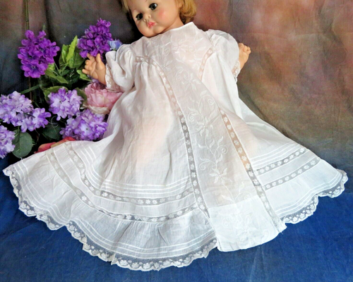 ORIGINAL 1900 Antique DOLL DRESS white Cotton EMBROIDERY lace inserts fit 24-30" - Picture 4 of 11