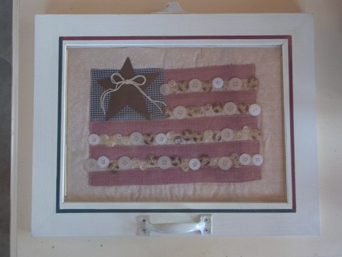US Flag Buttons & Fabric Wood Old Window Framed Ohio Wrhs Americana Picture - Picture 2 of 5