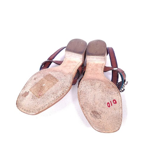 Miu Miu Sandals 8 Womens Brown Thong Leather Block Low Buckle Casual Solid Flats - Picture 6 of 8