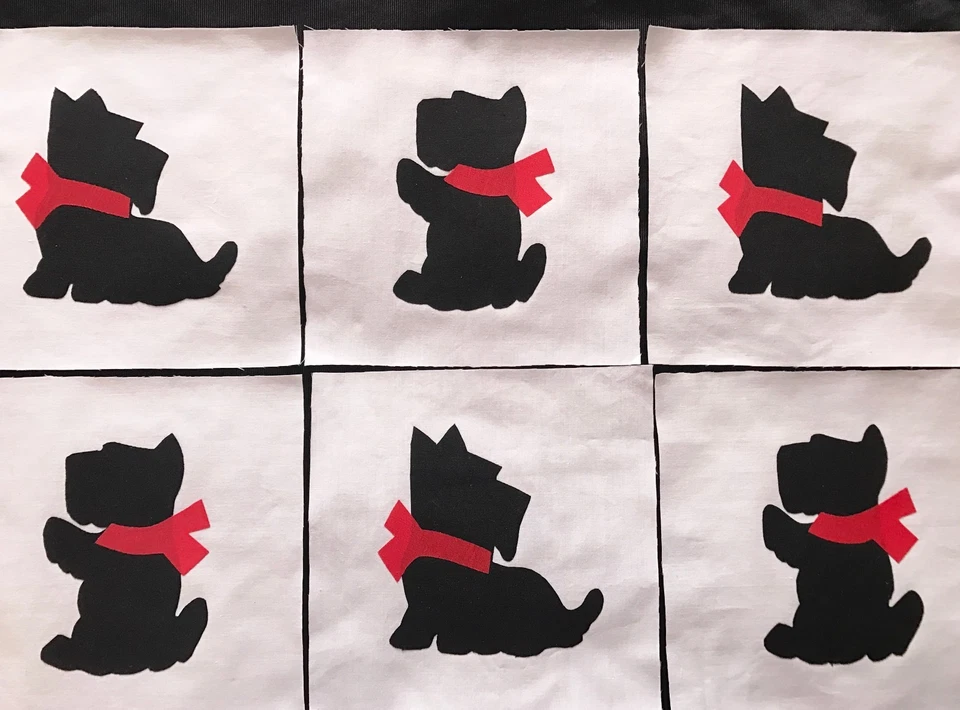 Edredón Top Bloques Negro Scottie Perro Apliques 6" Tela Algodón Arco Rojo Lote de 9 Foto 3 de 3