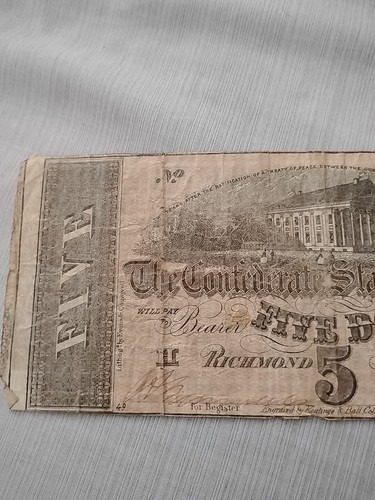 1864 $5 Confederate States of America Note T69 UNC - Picture 3 of 4
