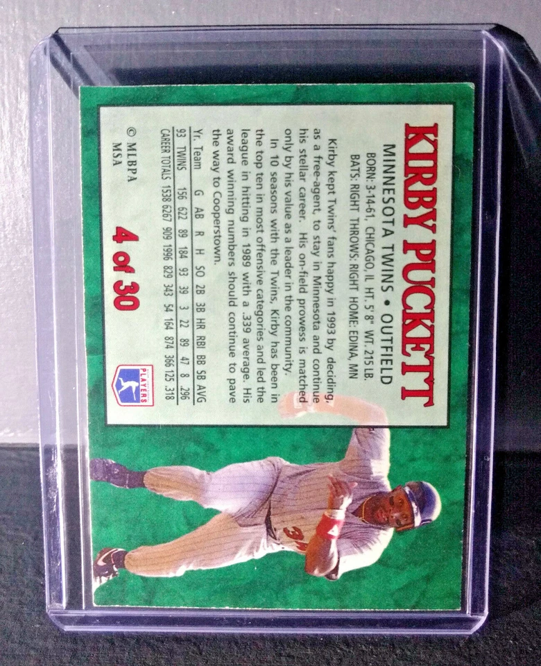 1994 Kirby Puckett Post Collection #4 Baseball Card Minnesota Twins - Image 2 of 2