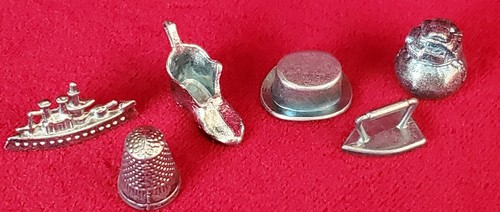 Monopoly Pewter Color Game Pieces Set of 6 Retired Iron, Boot, Thimble & more - Picture 2 of 3