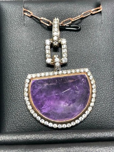 Rose Gold Sterling Silver White Sapphire Crushed Amethyst Halo Abstract Necklace - Picture 2 of 4