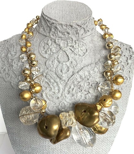Abra Couture Cluster Chunky Necklace Gold Silver Resin Beads Crystals - Picture 2 of 11