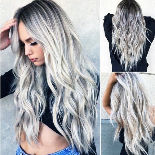 Perücke UK Damen Ombre Silber Lang Lockig Perücken Damen Natur Welliges Haar Cosplay - Bild 2 von 6