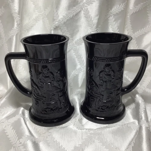 Vtg Black Glass Tiara Stein Mugs Set Of Two Perfect