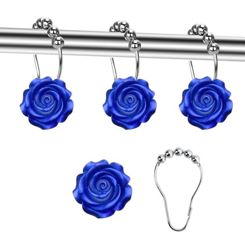 Sapphire Blue Rose Decorative Shower Curtain Hooks and Rings Set, 12 - Picture 1 of 4