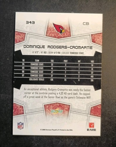 2008 Score - Rookie Dominique Rodgers-Cromartie #343 (RC) - Picture 2 of 2