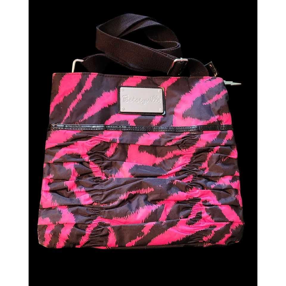 Betsey Johnson pink and black zebra print nylon crossbody shoulder bag 