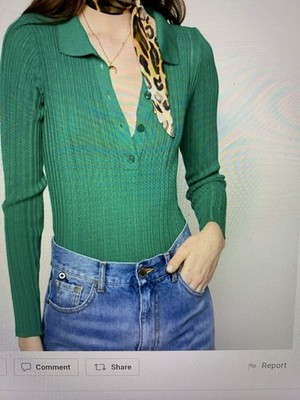 NWOT, PINKO, Women s Green Ribbed Longsleeve Bodysuit, Sz XS.
