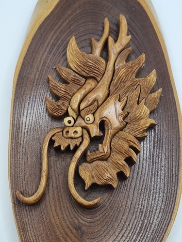 Chinese Carved Dragon Plaque Wooden Oriental Wall Art On Wood Slice Vintage Rare - Picture 2 of 9