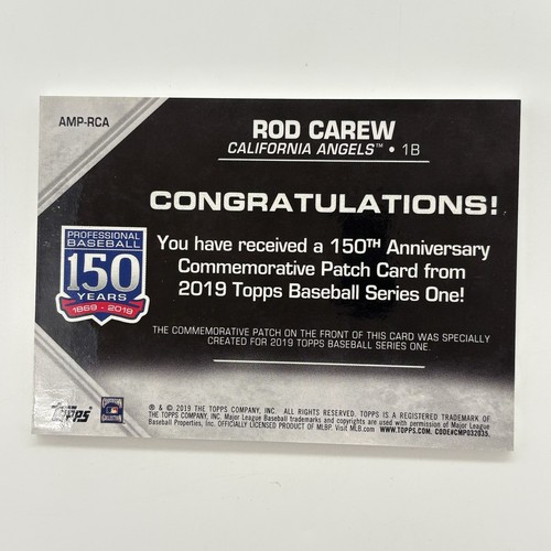 Rod Carew 2019 Topps - 150th Anniversary Commemorative Patch Series 1 #AMP-RCA - Picture 2 of 7