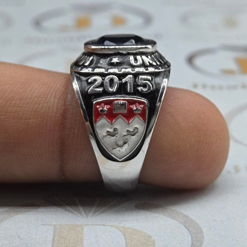 Anello Personalizzato Classe Università Placcato Argento Gemma Blu Regalo Laurea Università - Foto 3 di 20