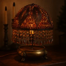 Vintage Amber Beaded Boudoir Lamp • Art Deco Brass Base • Handmade Bead Shade •