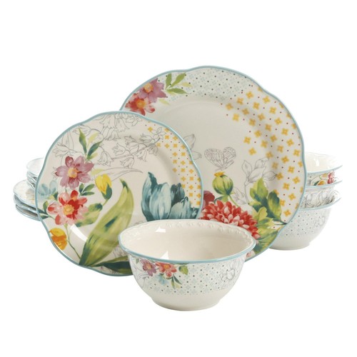 The Pioneer Woman Floral Blooming Bouquet White Ceramic 12-Piece Dinnerware Set - Picture 17 of 24