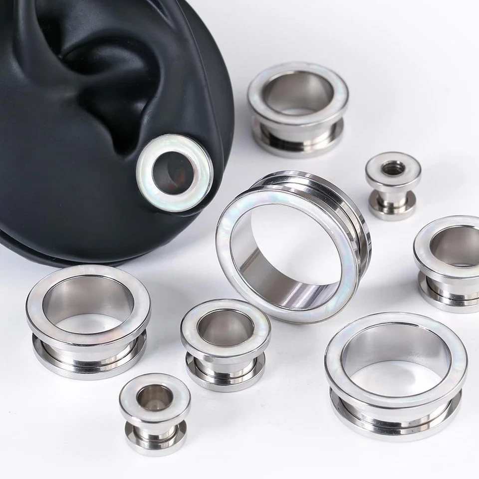 2 pares de tapones medidores de oreja de acero inoxidable con carcasa de perla blanca de 8 mm (0 g), plateados  Foto 4 de 4