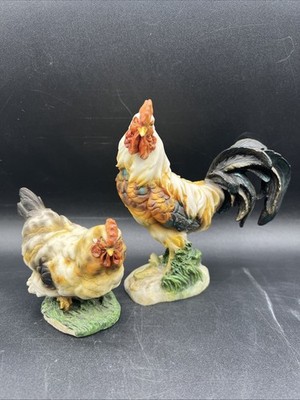 Vintage Rooster and Hen Figurine Set   Hand Painted Farmhouse Decor