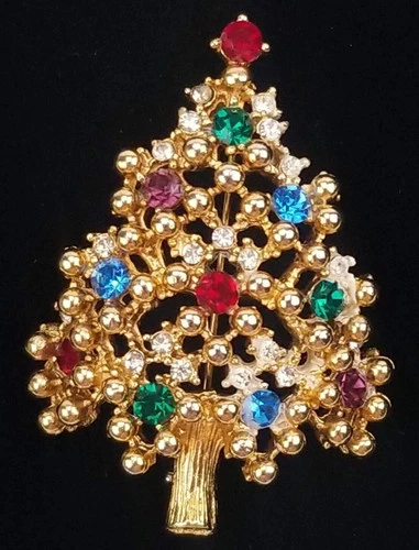 EISENBERG Vintage Christmas Tree Gold Tone Pin Brooch Multicolor Rhinestones