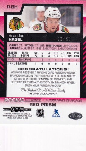 O-Pee-Chee Platinum Rookie 2020-21 automático prisma rojo #RBH Brandon Hagel 22/50 radiocontrol - Imagen 2 de 2
