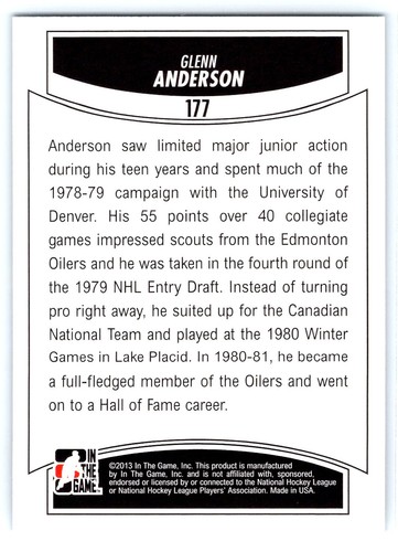 2012-13 In The Game Draft Glenn Anderson Emerald Parallel #/50 #177 - Picture 2 of 2