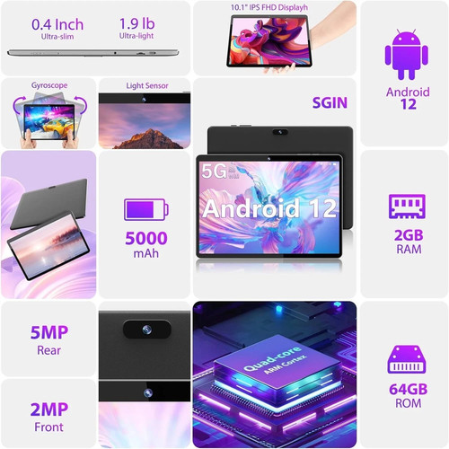 SGIN 10 Inch Tablet 2 GB RAM 64 GB ROM Android 12 Quad-core 1.6Ghz Camera WiFi - Picture 3 of 8