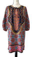 URBAN COCO Womens Multicolor Boho Pattern Tunic Dress Peasant Tie Neck Stretch S